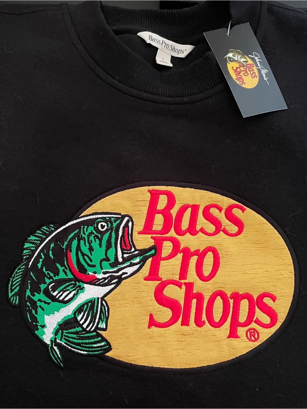 Bass Pro Shops Black Sweatshirt with Yellow Oval and Green Fish Patch